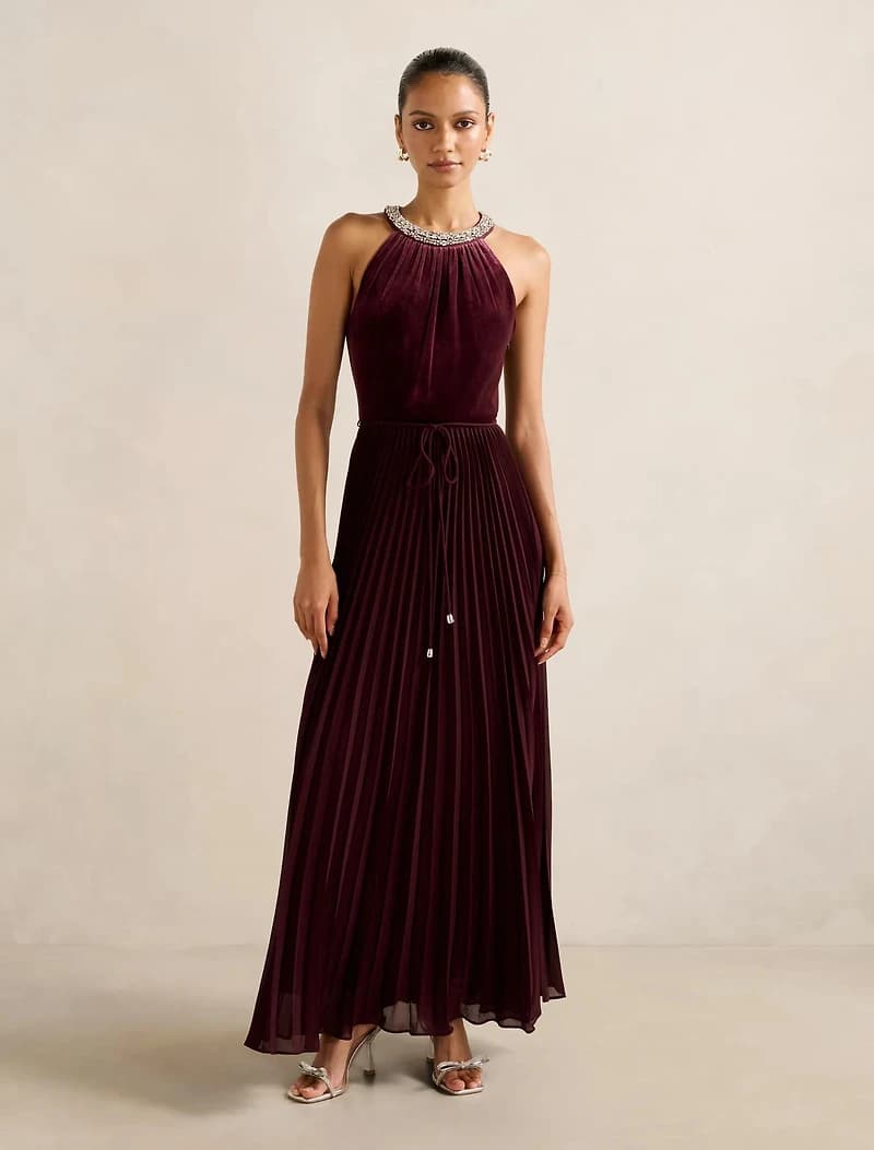 Gwen Petite Halter Neck Pleat Midi